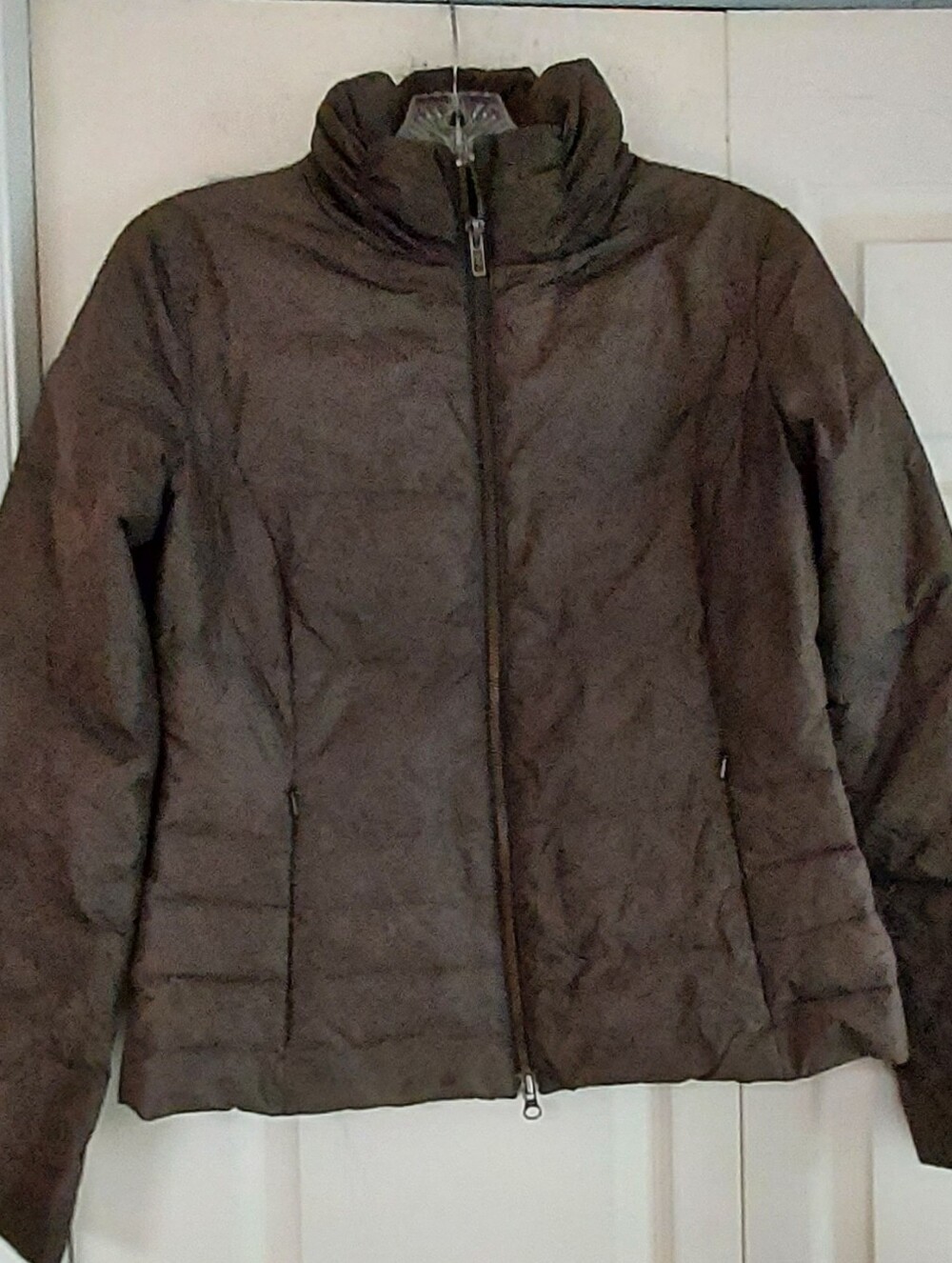 Halogen Brown Down Puffer Jacket Zip Front Small Pockets Warm Basic Preppy Band